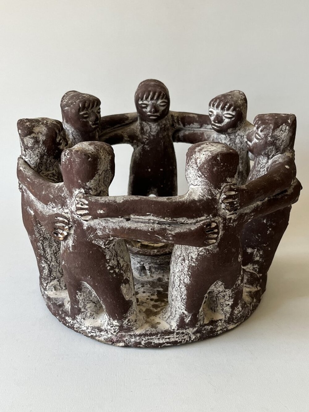 Large Mexican Circle of Friends Folk Art Terracotta Candle Holder Mayan Aztec